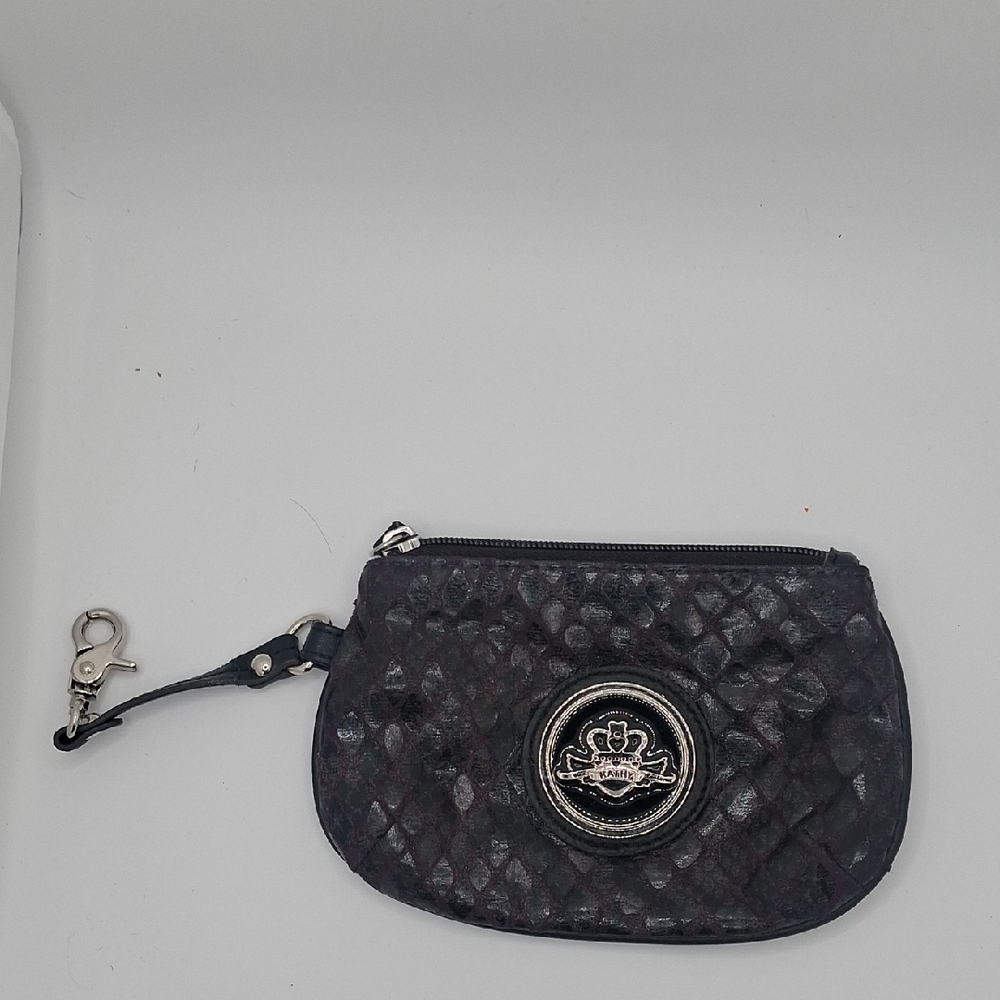 Quilted Black Coin Wristlet with Crest Emblem